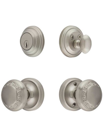 Classic Rosette Entry Set, Keyed Alike with Ovolo Knobs in Satin Nickel.